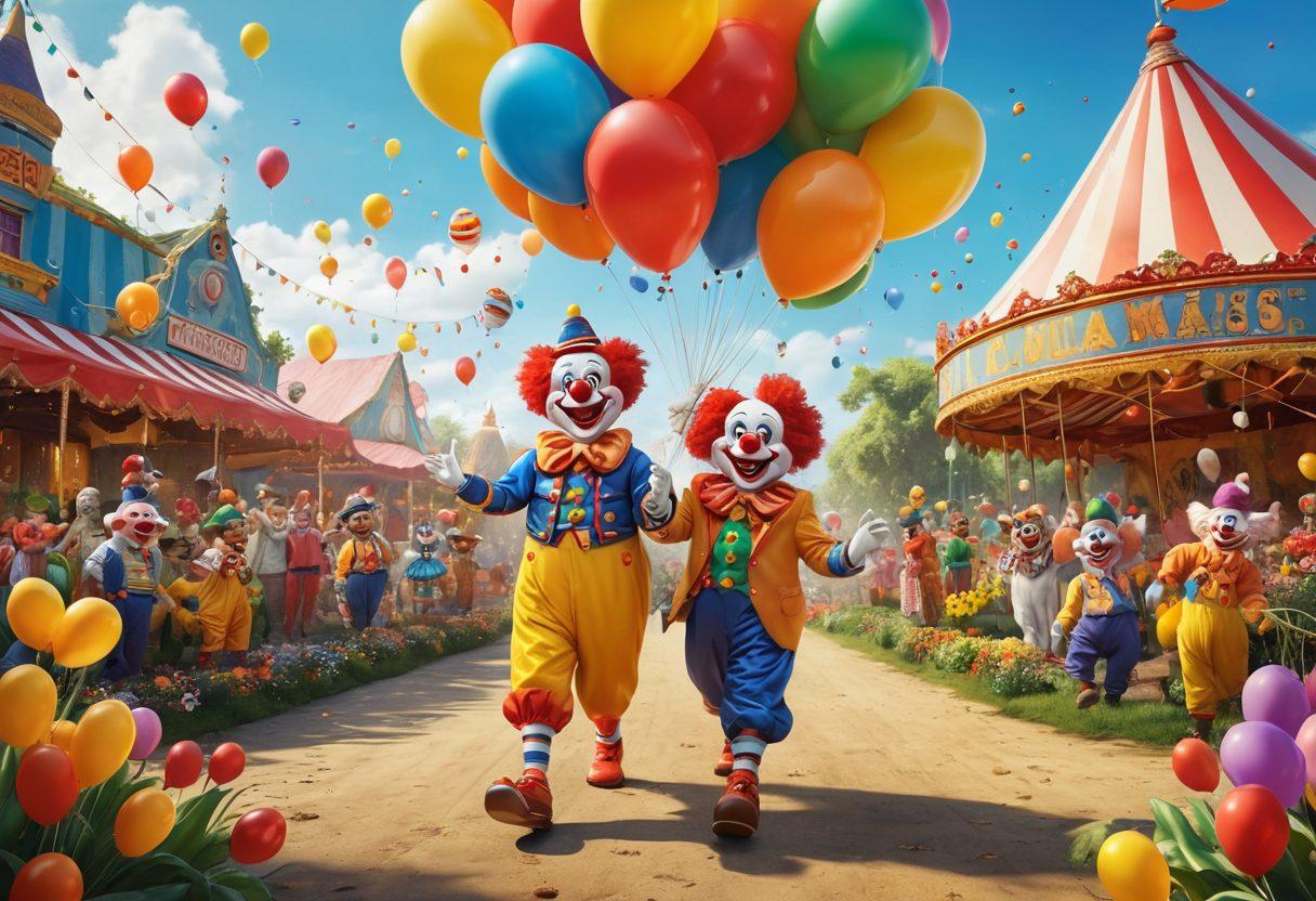 A whimsical scene featuring a colorful carnival with joyful clowns, playful animals, and laughter-filled balloons floating in the air. Create a vibrant background with a lush garden, oversized flowers, and cheerful characters sharing humorous moments, like a clown slipping on a banana peel. Infuse the image with bright, vivid colors and a light-hearted vibe. super-realistic. vibrant colors. 3D.