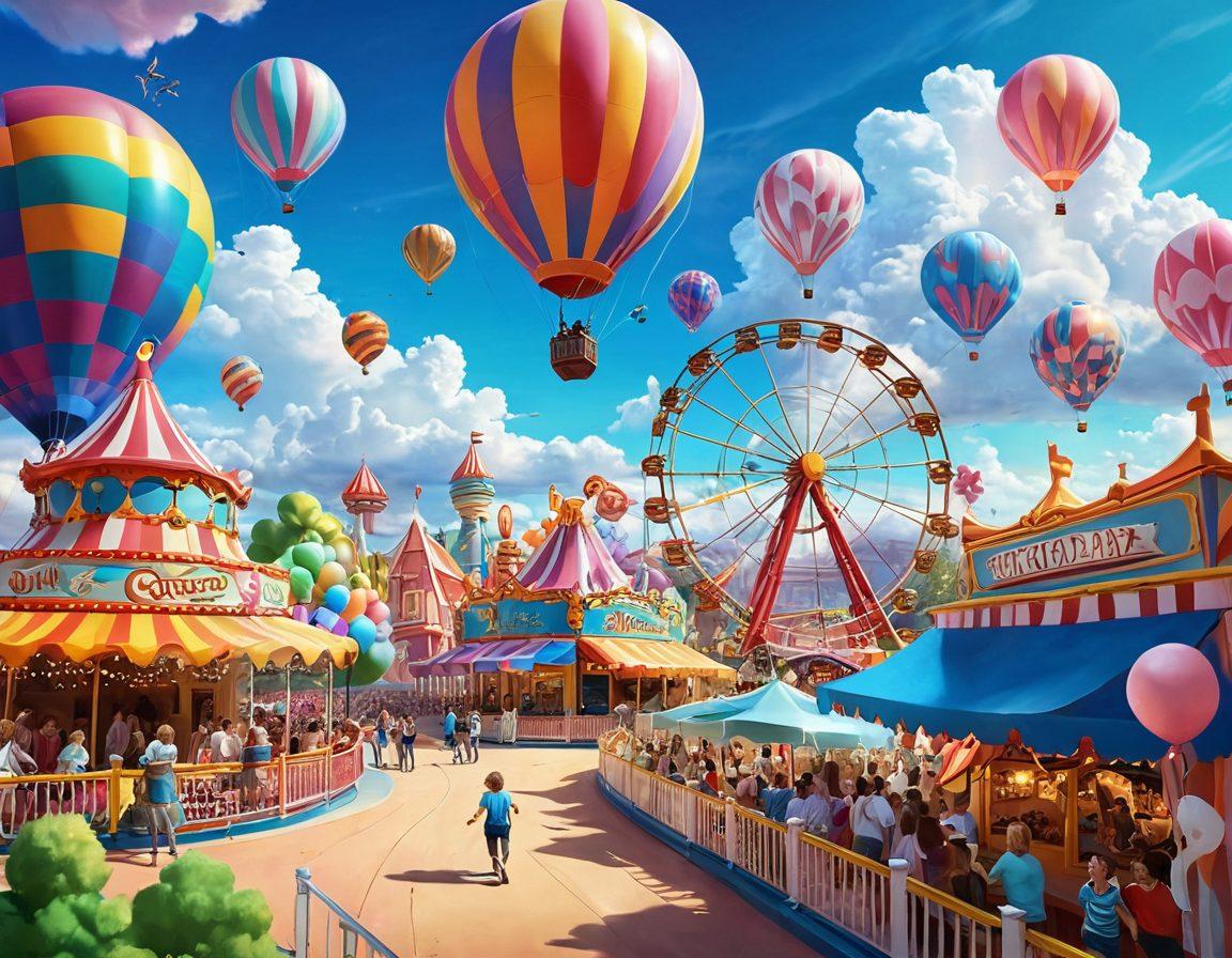 A whimsical landscape depicting a colorful amusement park filled with laughter and joy. Include a roller coaster with excited riders, cotton candy stalls, and vibrant balloons floating in the sky. The scene should radiate happiness, with cartoonish characters enjoying various rides and attractions. Sunlight streaming through fluffy clouds adds to the cheerful atmosphere. bright colors. illustration style.