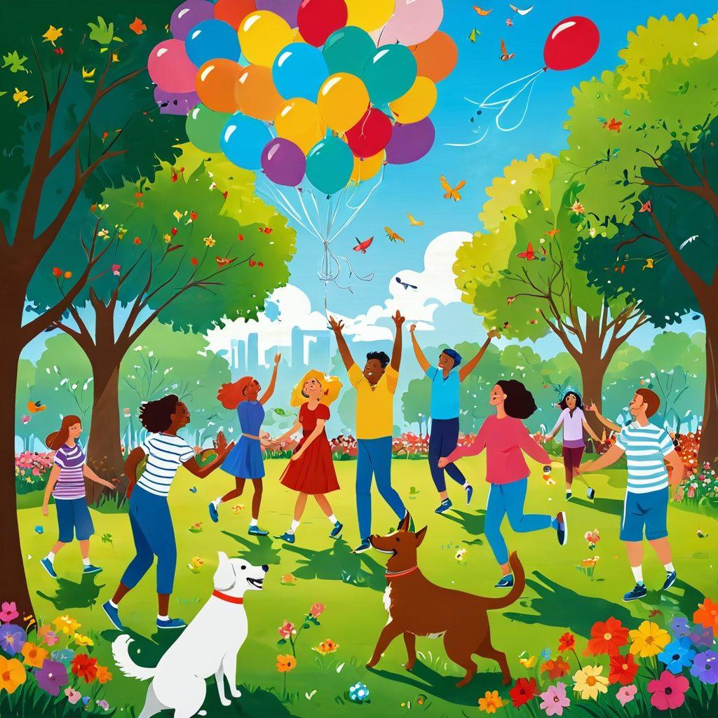 A whimsical, colorful scene featuring a diverse group of people joyfully interacting in a sunny park, surrounded by vibrant flowers and playful pets. They are engaged in various cheerful activities, such as laughing, dancing, and playing games, symbolizing the essence of happiness and togetherness. The background should include playful elements like balloons and kites soaring in the sky. cartoonish style, bright colors, cheerful atmosphere.